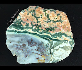 'Land and Sea': Side 1 of a scenic slab cut by ORCA from Marovato Deposit/vein 1/2. ~6.5 in. wide.