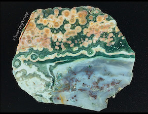 'Land and Sea': Side 2 of a scenic slab cut by ORCA from Marovato Deposit/vein 1/2. ~6.5 in. wide.